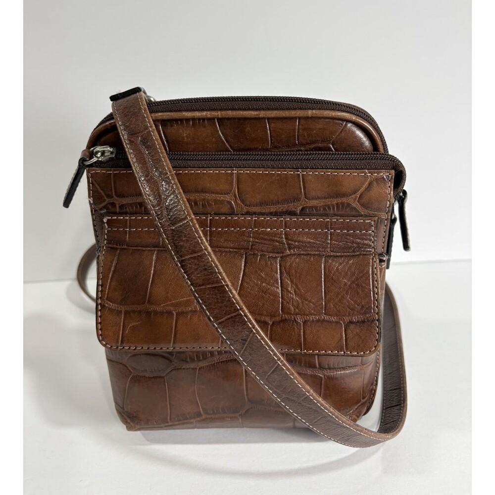 Fossil Crossbody Dark Brown Leather Crocodile Embossed Medium Size Vintage